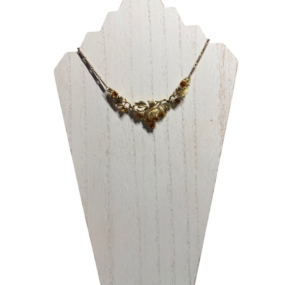 Vintage Coro Patent Pending Gold Tone Leaf Necklace with Amber Rhinestones